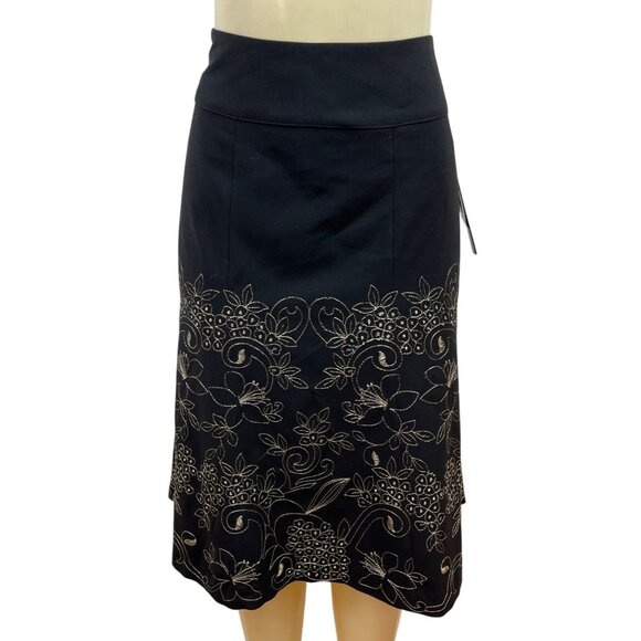 Silkland Black Floral Embroidered Midi Skirt Womens Elegant Design Sz 8 - New - Picture 1 of 7